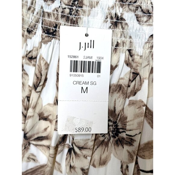 J Jill Creme Brown Floral Skirt Size Medium Hi Low Midi Faux Wrap Elastic Waist - Picture 12 of 15